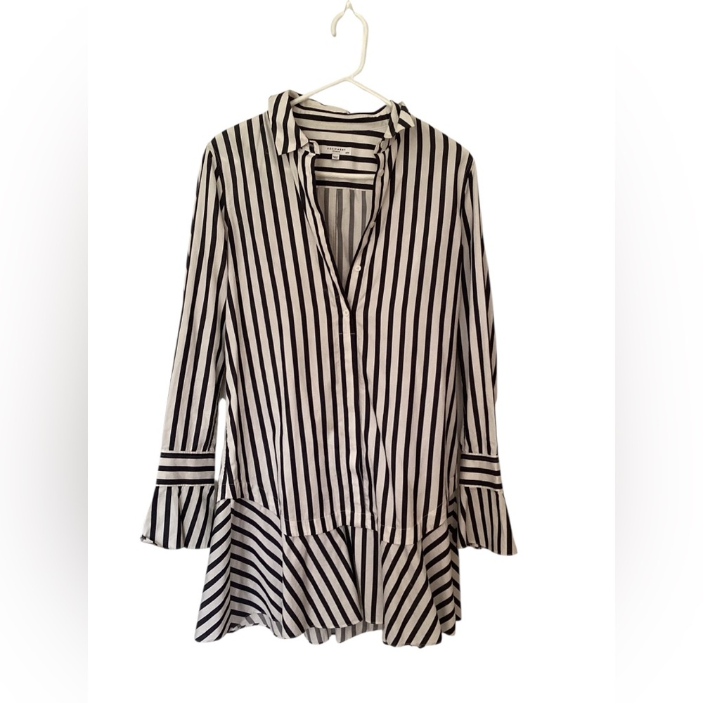 Equipment Femme Blue White Stripe Button Down Long Sleeve Knee Length Dress M